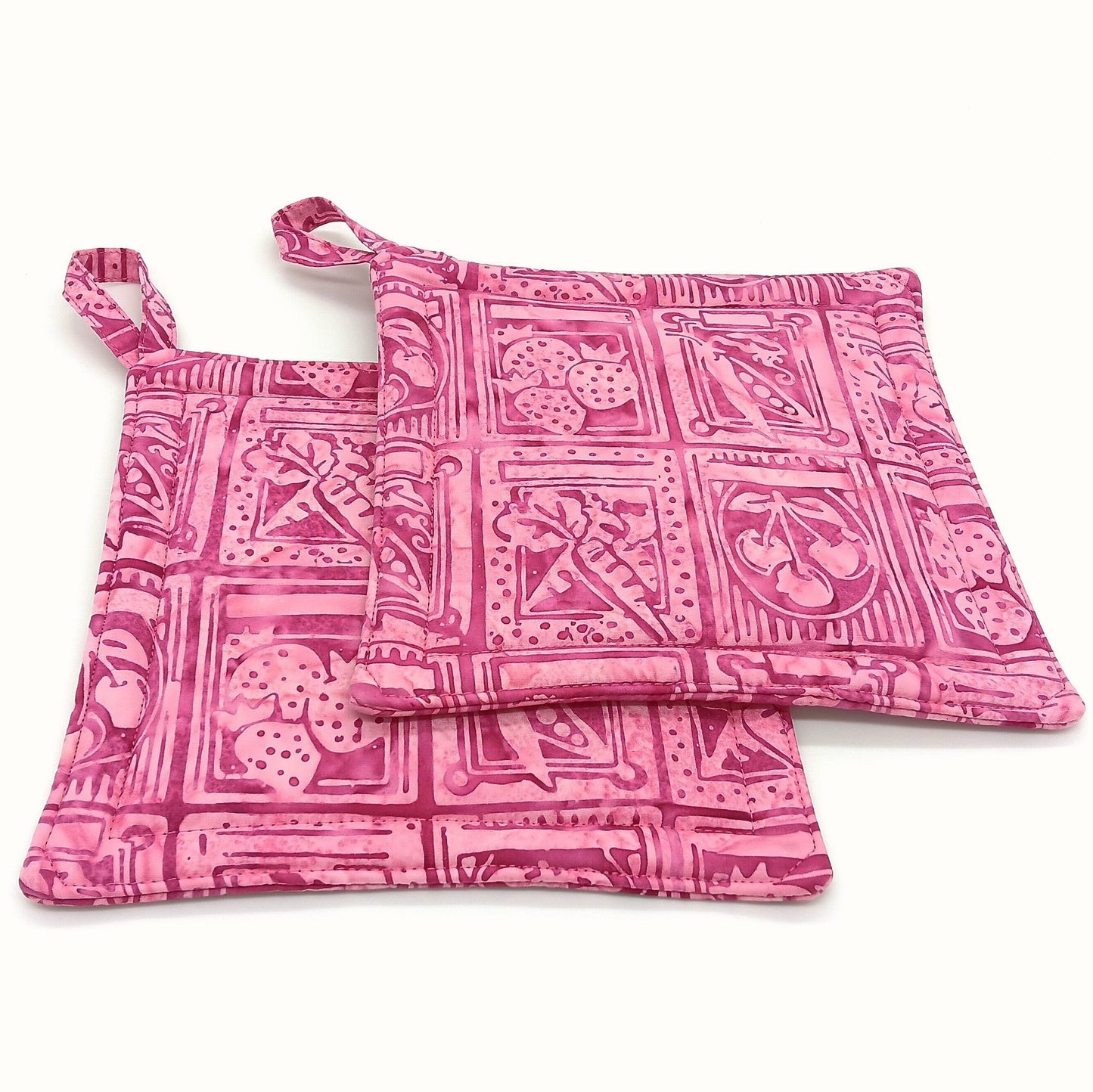 Handmade Pink Batik Potholders, Set of 2, Cotton Insulated Hot Pads, Colorful Kitchen Gift for Cooks