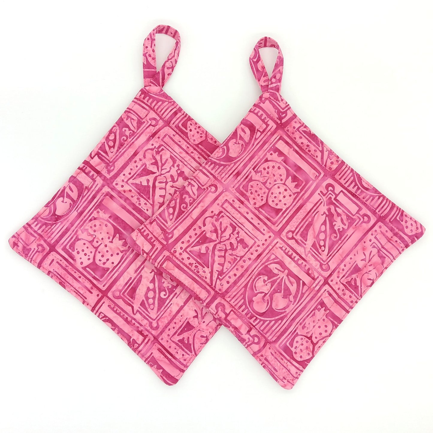 Handmade Pink Batik Potholders, Set of 2, Cotton Insulated Hot Pads, Colorful Kitchen Gift for Cooks