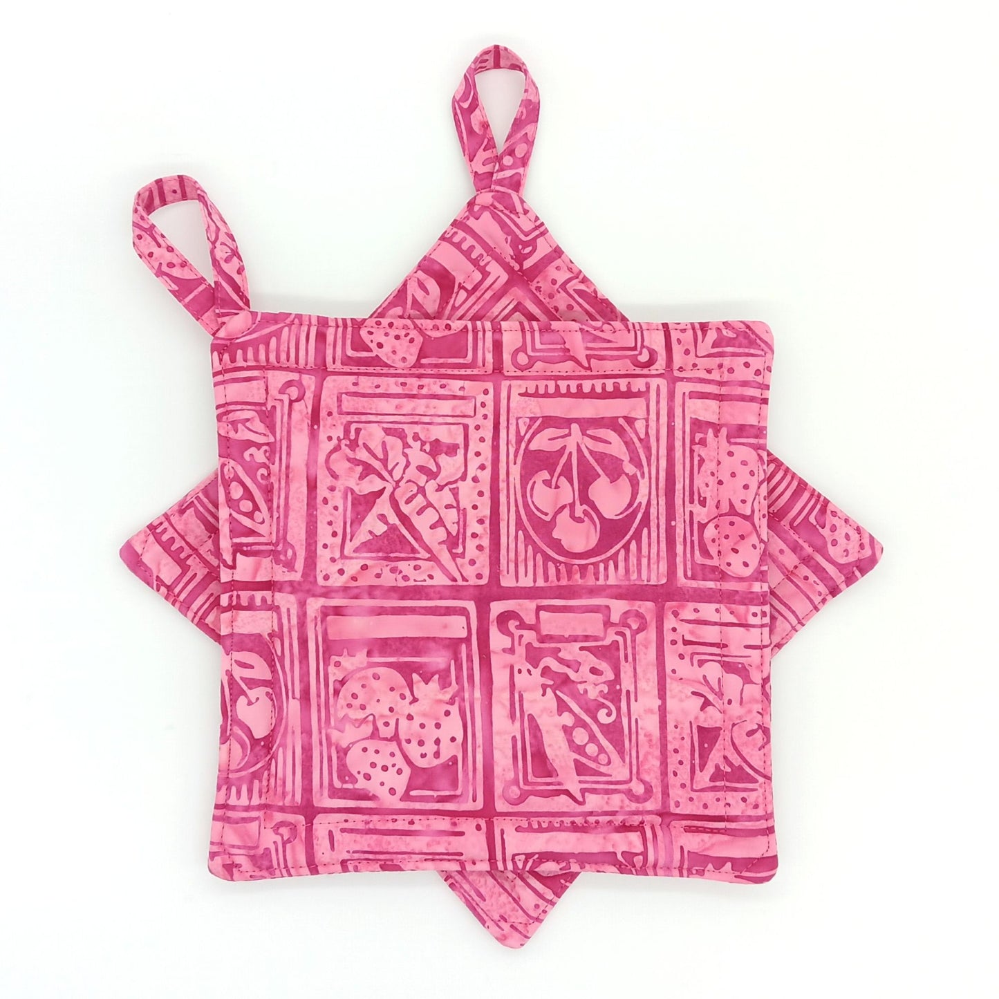Handmade Pink Batik Potholders, Set of 2, Cotton Insulated Hot Pads, Colorful Kitchen Gift for Cooks