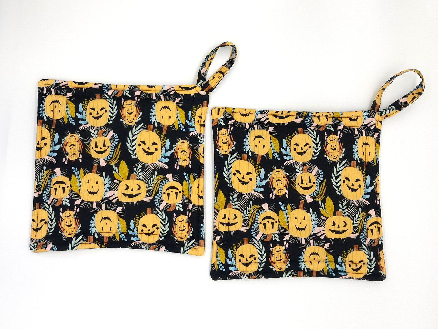 Handmade Jack-o-Lantern Potholders, Set of 2 Cotton Hot Pads, Halloween Kitchen Gift for Cooks