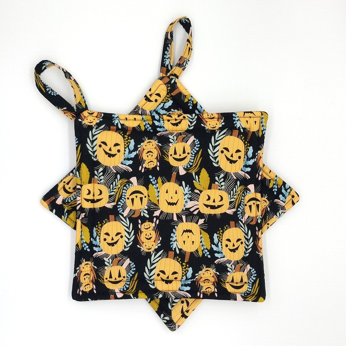 Handmade Jack-o-Lantern Potholders, Set of 2 Cotton Hot Pads, Halloween Kitchen Gift for Cooks