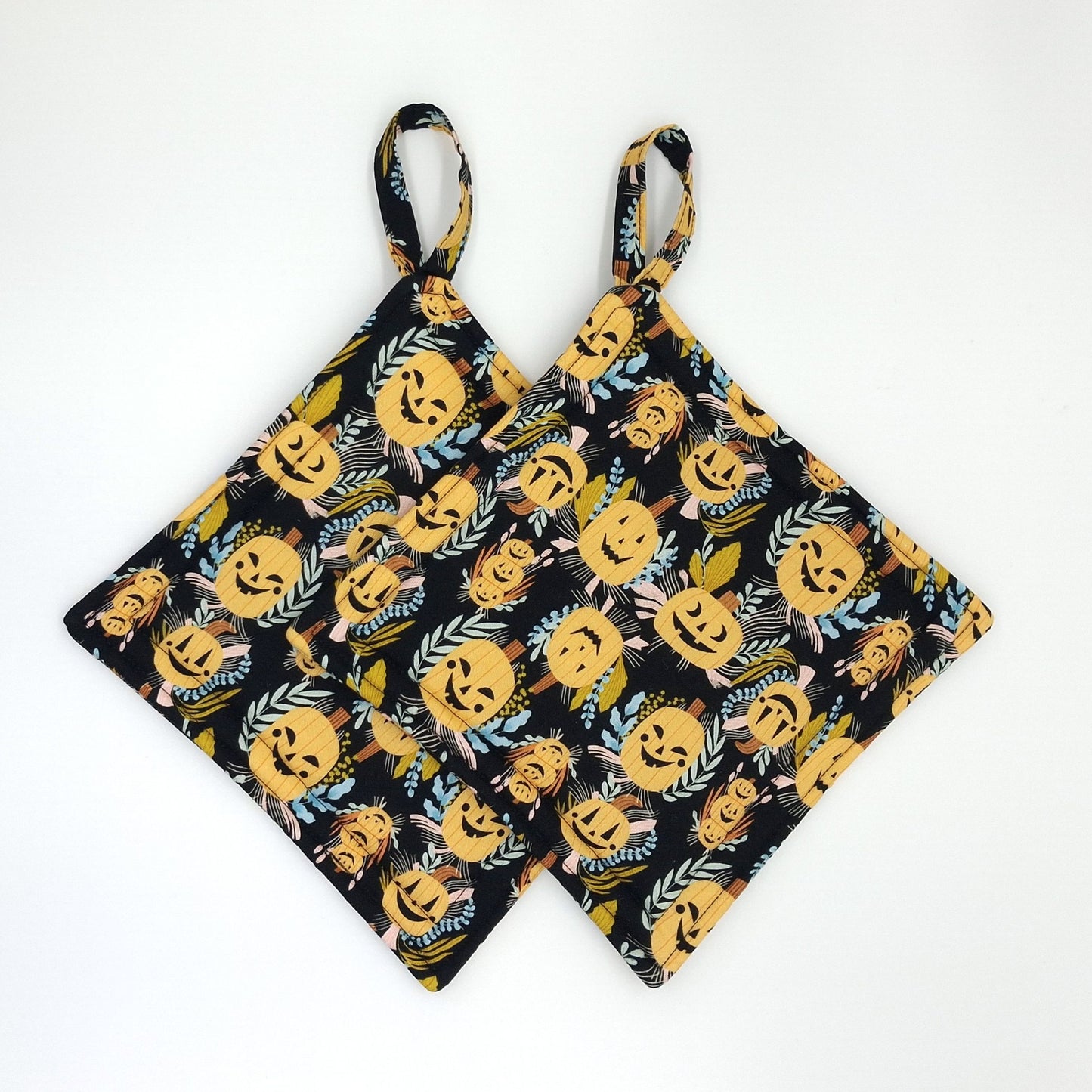 Handmade Jack-o-Lantern Potholders, Set of 2 Cotton Hot Pads, Halloween Kitchen Gift for Cooks