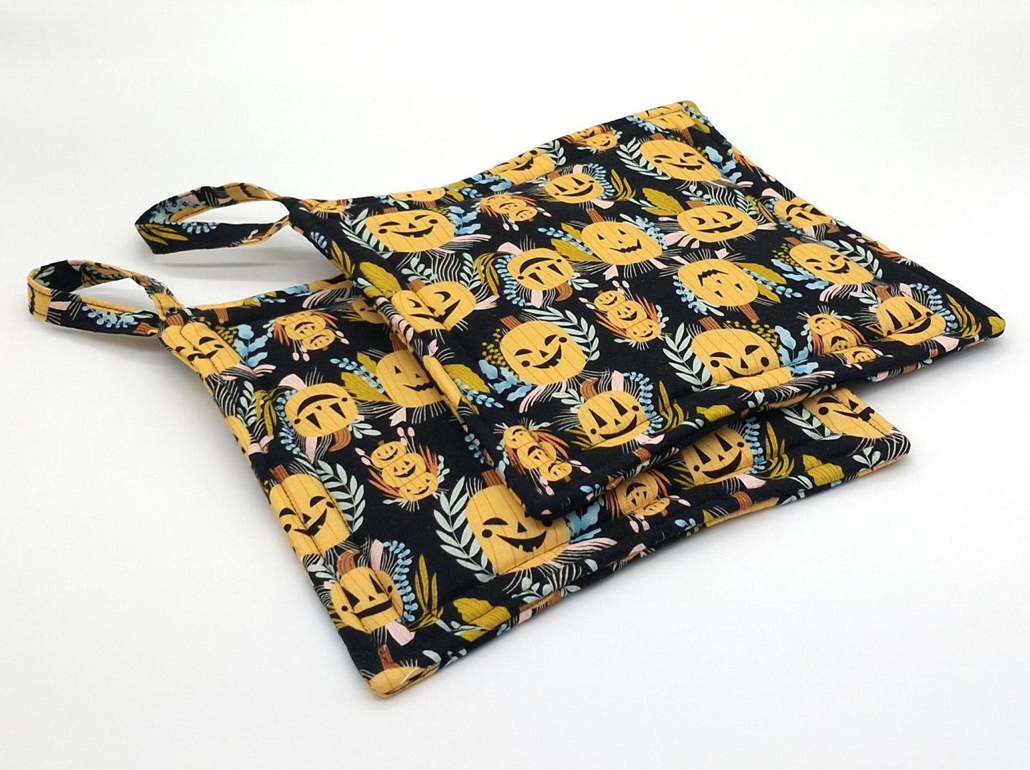 Handmade Jack-o-Lantern Potholders, Set of 2 Cotton Hot Pads, Halloween Kitchen Gift for Cooks