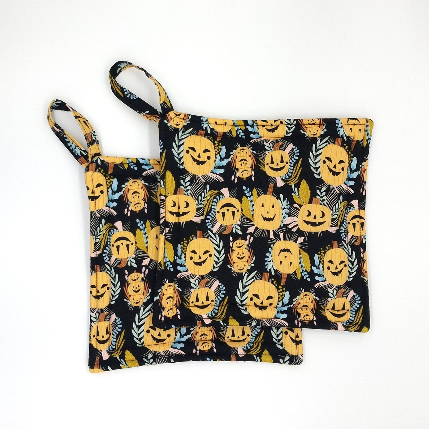 Handmade Jack-o-Lantern Potholders, Set of 2 Cotton Hot Pads, Halloween Kitchen Gift for Cooks