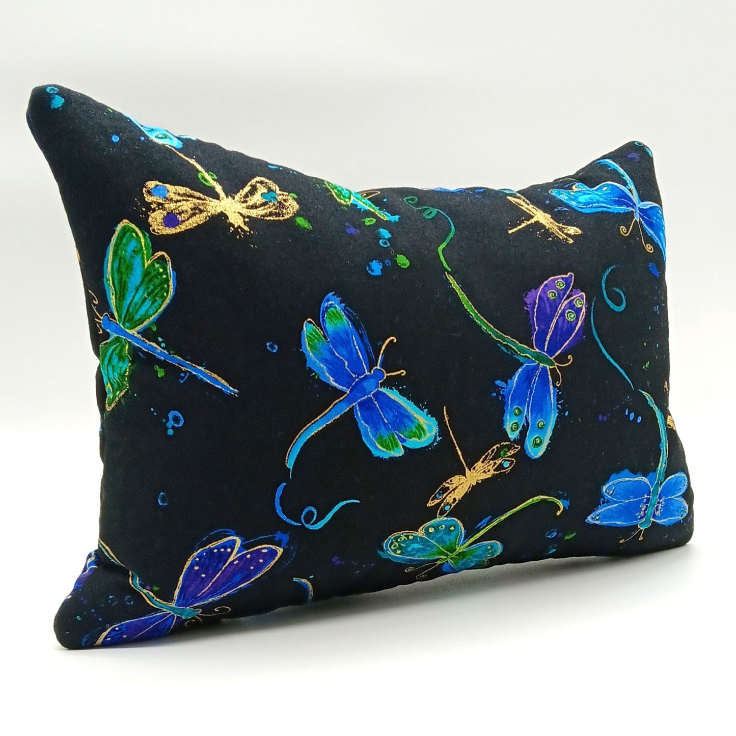 Lavender Buckwheat Pillow, Dragonfly Travel & Lumbar Support Pillow with French Lavender, Nature-Inspired Fabric in Purple, Gold & Black, Made to Order