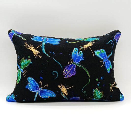 Lavender Buckwheat Pillow, Dragonfly Travel & Lumbar Support Pillow with French Lavender, Nature-Inspired Fabric in Purple, Gold & Black, Made to Order