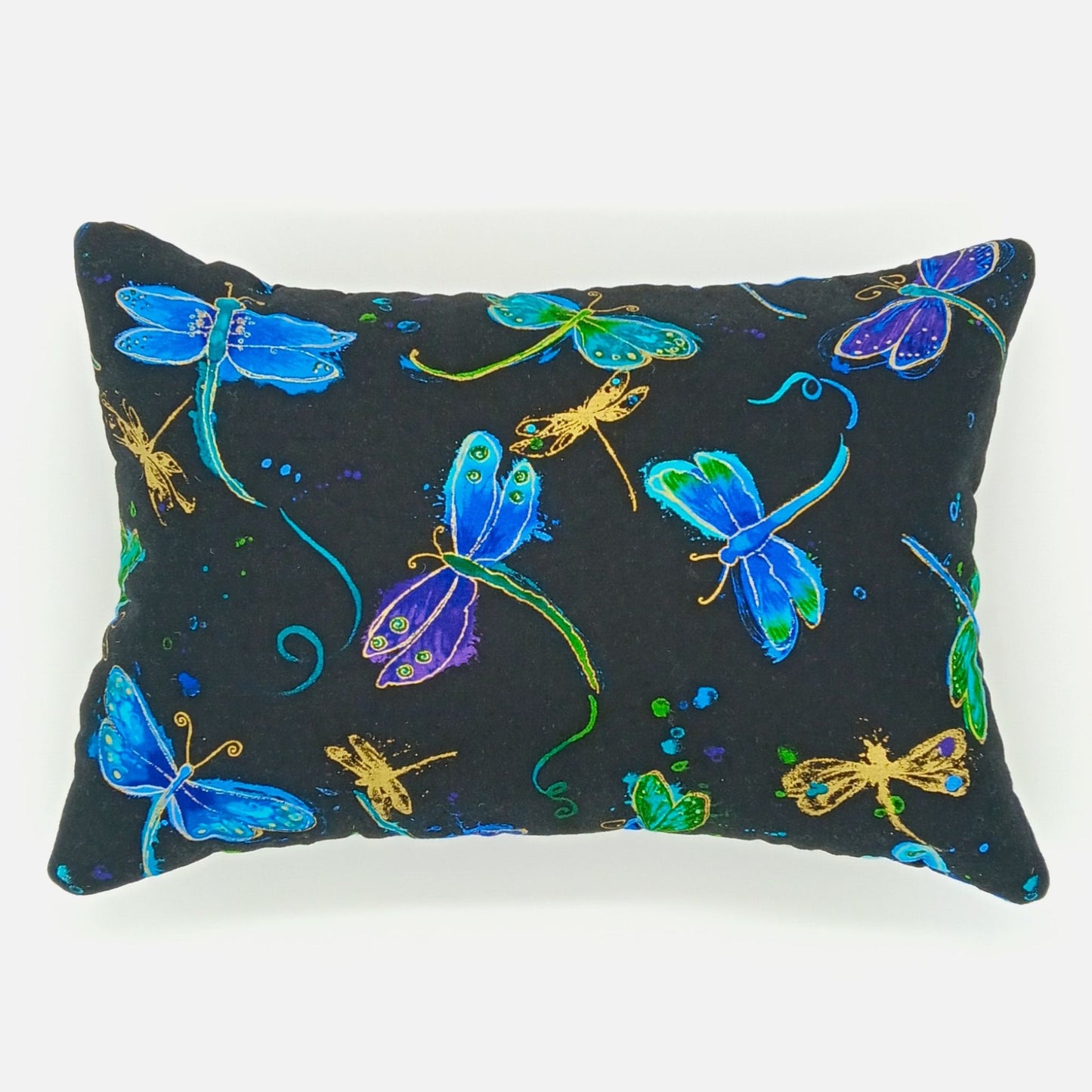 Lavender Buckwheat Pillow, Dragonfly Travel & Lumbar Support Pillow with French Lavender, Nature-Inspired Fabric in Purple, Gold & Black, Made to Order