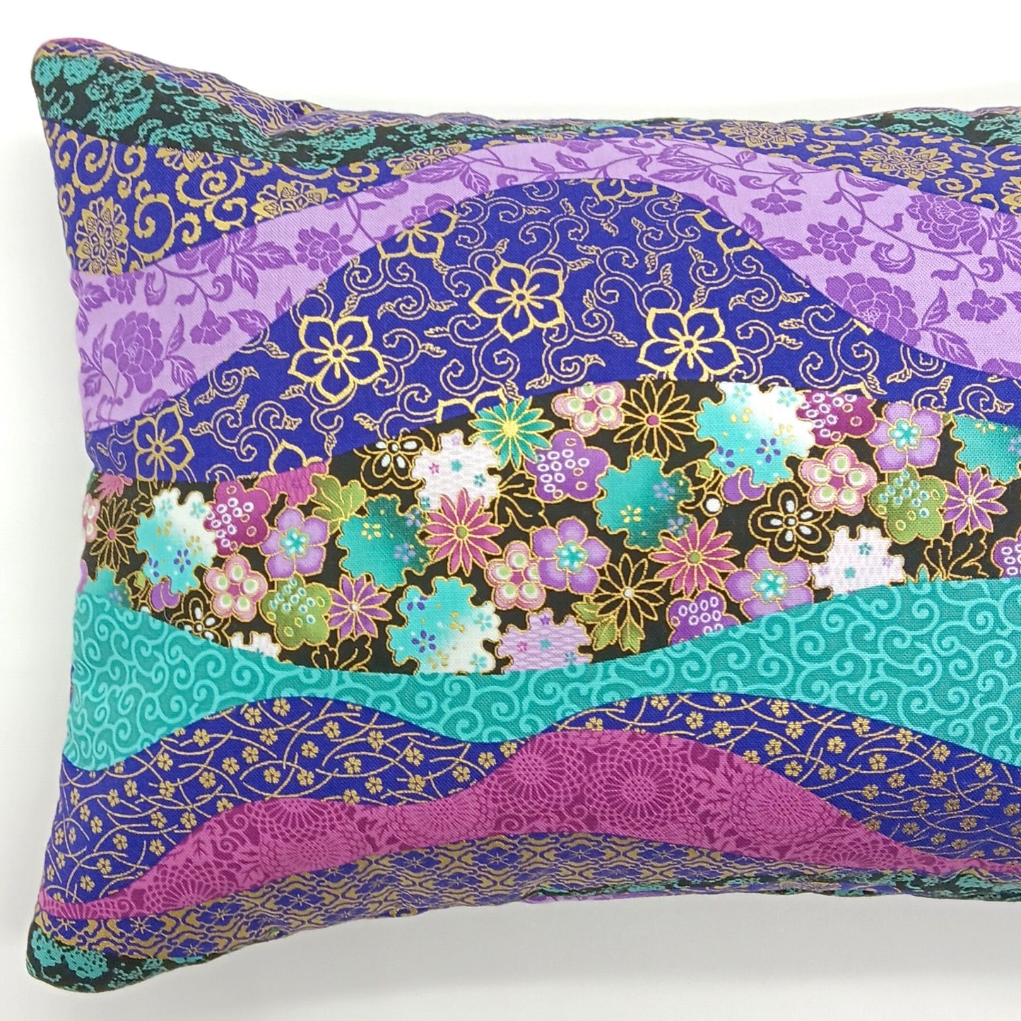 Lavender Buckwheat Pillow, Asian-Inspired Floral Travel & Lumbar Support Pillow with French Lavender, Jewel Tone & Gold Accent Fabric, Made to Order