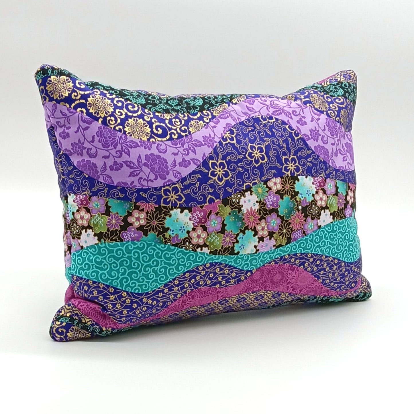 Lavender Buckwheat Pillow, Asian-Inspired Floral Travel & Lumbar Support Pillow with French Lavender, Jewel Tone & Gold Accent Fabric, Made to Order