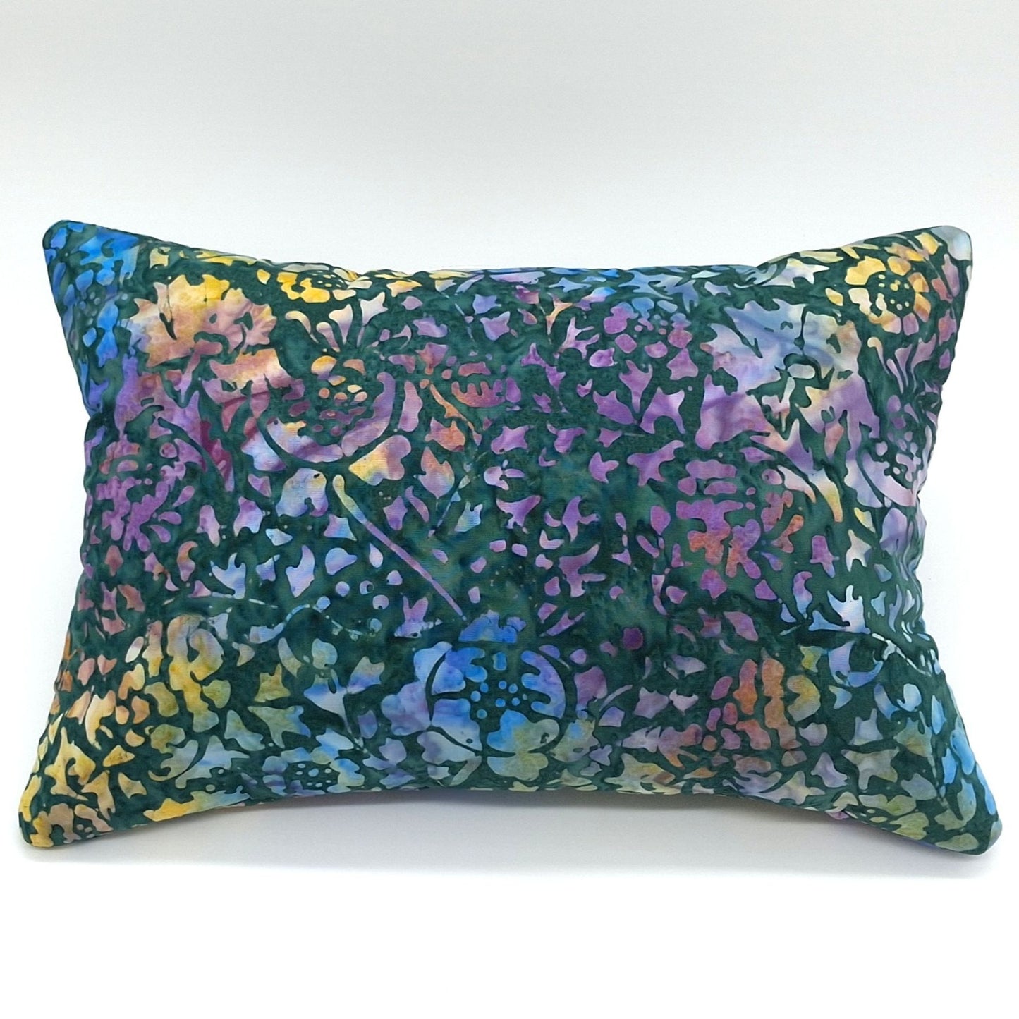 Lavender Buckwheat Pillow, Batik Floral Travel & Lumbar Support Pillow, Forest Green & Jewel Tone Watercolor Fabric