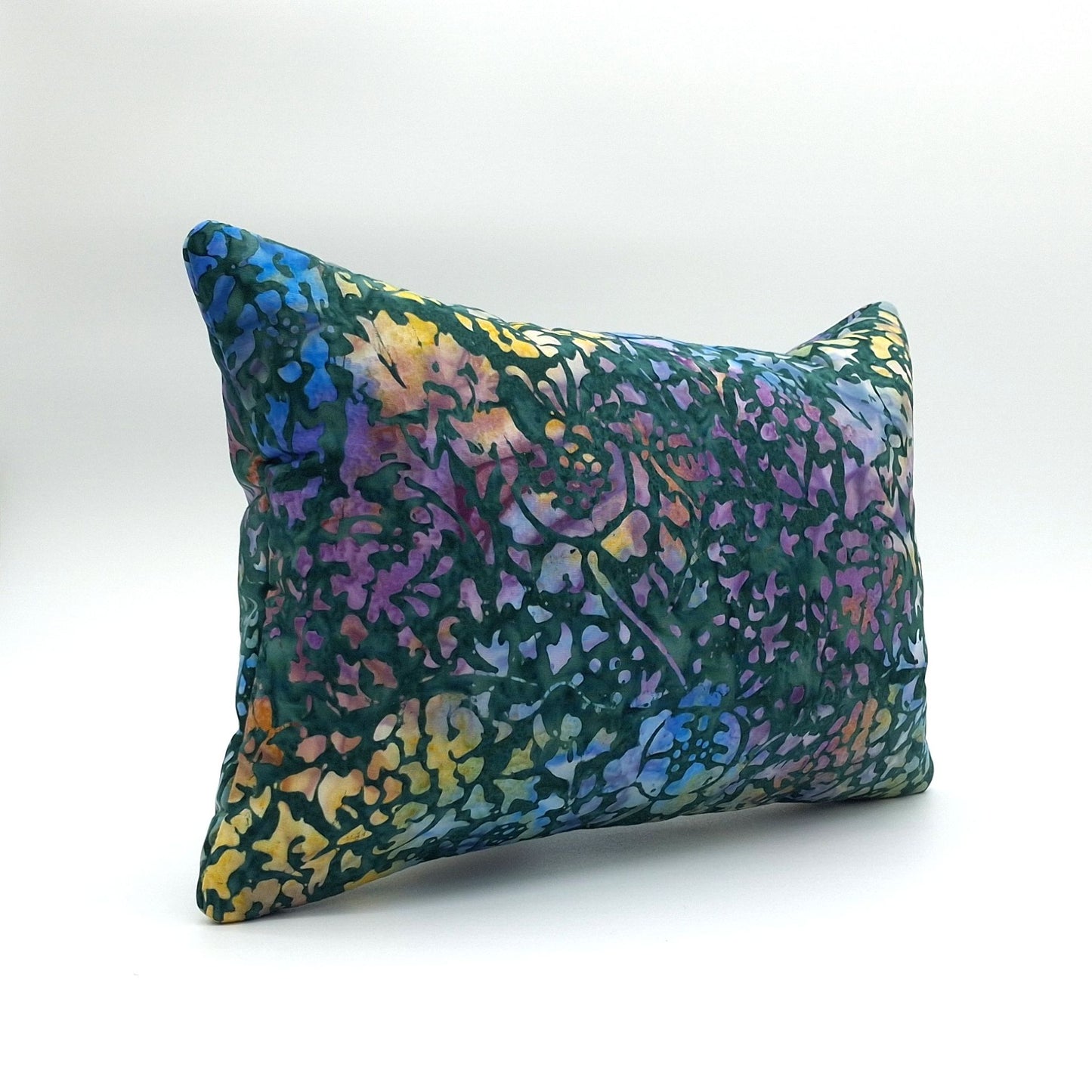 Lavender Buckwheat Pillow, Batik Floral Travel & Lumbar Support Pillow, Forest Green & Jewel Tone Watercolor Fabric