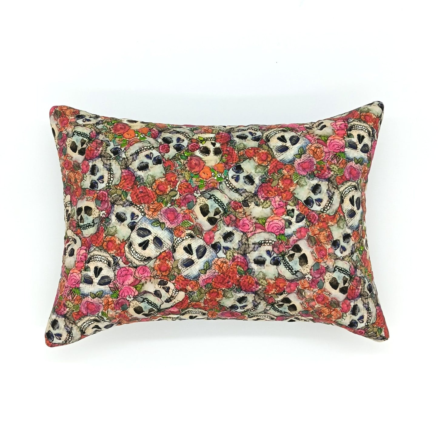 Lavender Buckwheat Pillow, Skull & Roses Travel & Lumbar Support Pillow with French Lavender, Red, Orange & Pink Floral Gothic Fabric, Made to Order