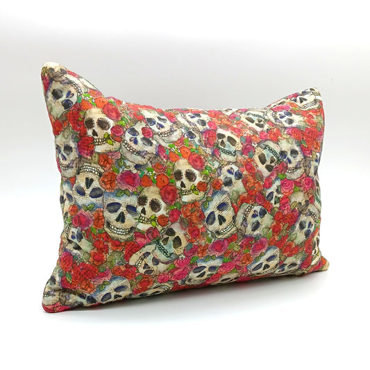 Lavender Buckwheat Pillow, Skull & Roses Travel & Lumbar Support Pillow with French Lavender, Red, Orange & Pink Floral Gothic Fabric, Made to Order