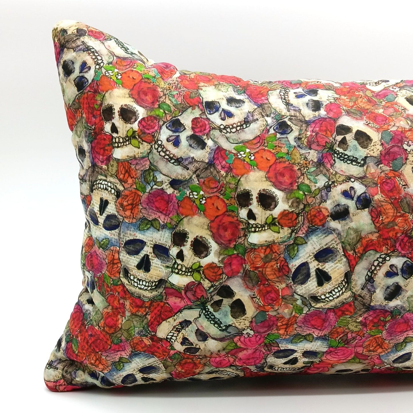 Lavender Buckwheat Pillow, Skull & Roses Travel & Lumbar Support Pillow with French Lavender, Red, Orange & Pink Floral Gothic Fabric, Made to Order