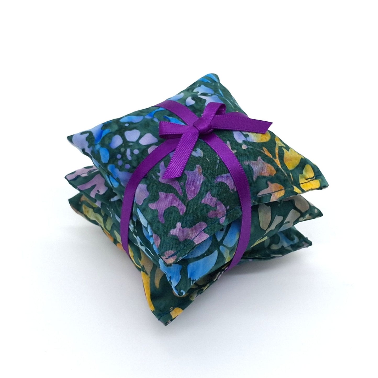 Green Batik Lavender Sachets Set of 3, Stained Glass Abstract Print, Handmade