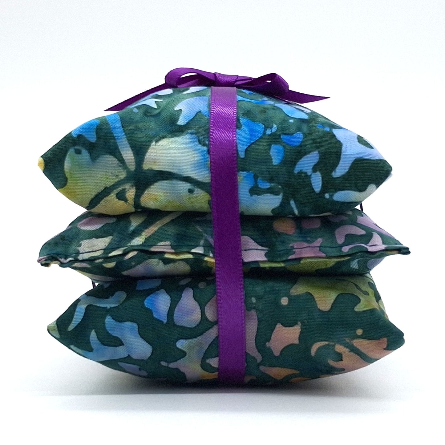 Green Batik Lavender Sachets Set of 3, Stained Glass Abstract Print, Handmade